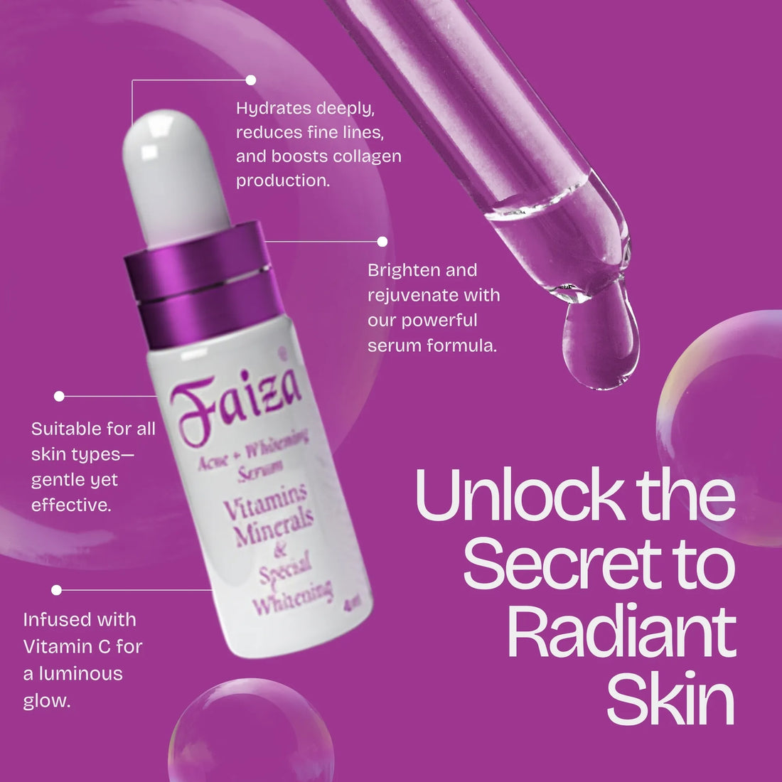 Faiza Acne + Whitening Serum small vial with Vitamins, Minerals and Special Whitening properties.