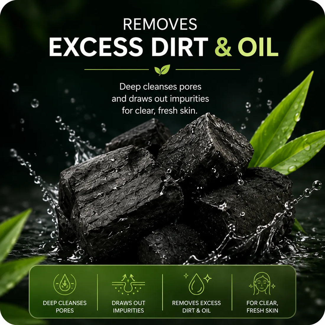 Pure activated charcoal used in Faiza Cosmetics products to remove excess dirt and oil, deep cleanse pores, and draw out impurities for clear, fresh skin.