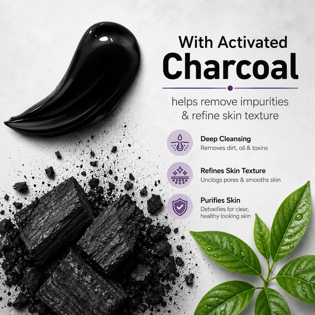 Faiza Active Charcoal Beauty Face Wash tube next to an F'livel Charcoal Bath Soap bar, featuring deep pore cleansing and oil control properties