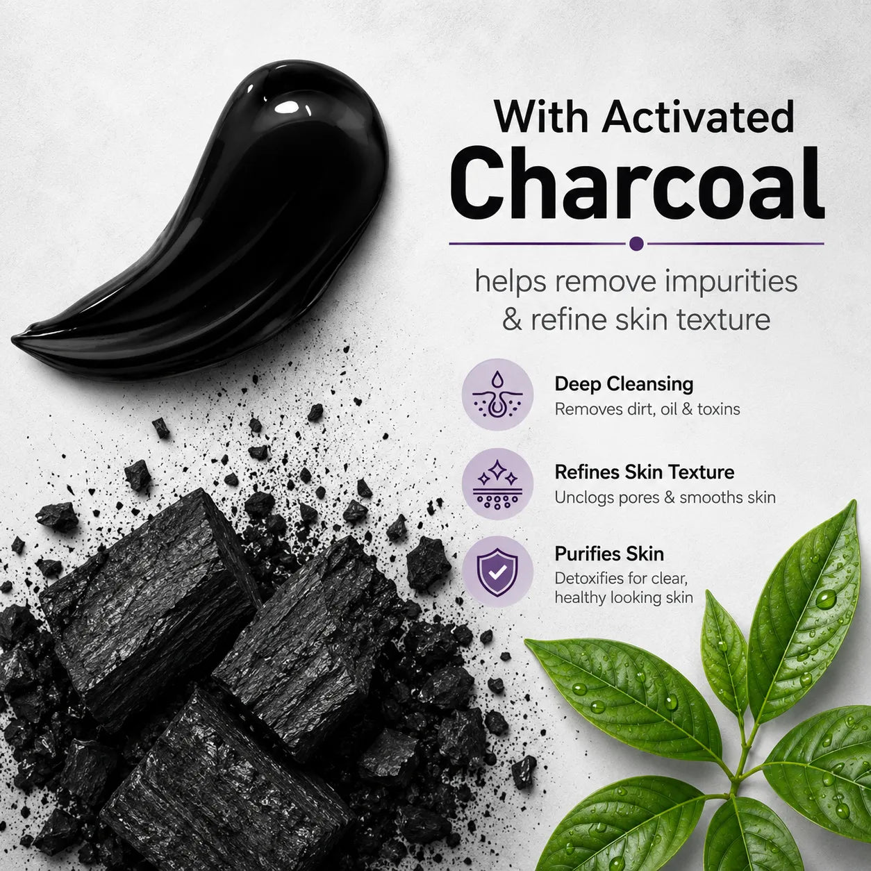 Faiza Activated Charcoal skincare product benefits infographic showing deep cleansing, skin texture refining, and purifying features with charcoal pieces and a black gel swatch.