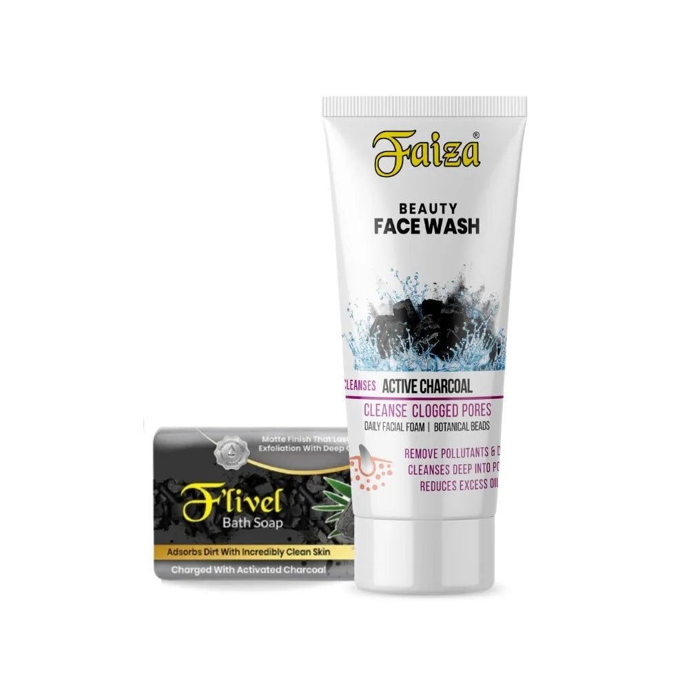 Faiza Active Charcoal Beauty Face Wash tube next to an F'livel Charcoal Bath Soap bar, featuring deep pore cleansing and oil control properties