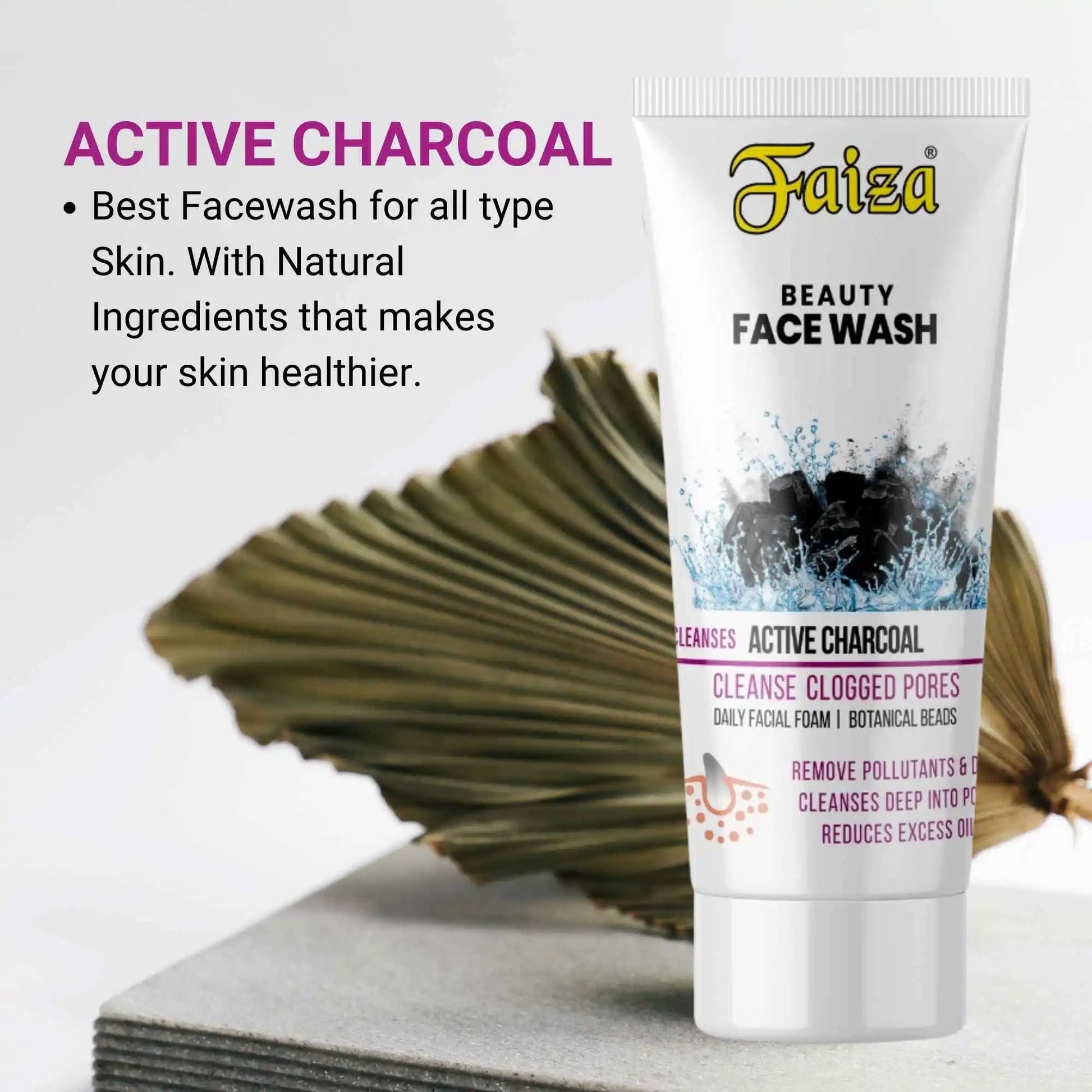 Faiza Cosmetics Active Charcoal Facewash, Best Facewash, Clogged Pores, removes pollutants, reduces excess oil, Natural Ingredients, healthier skin