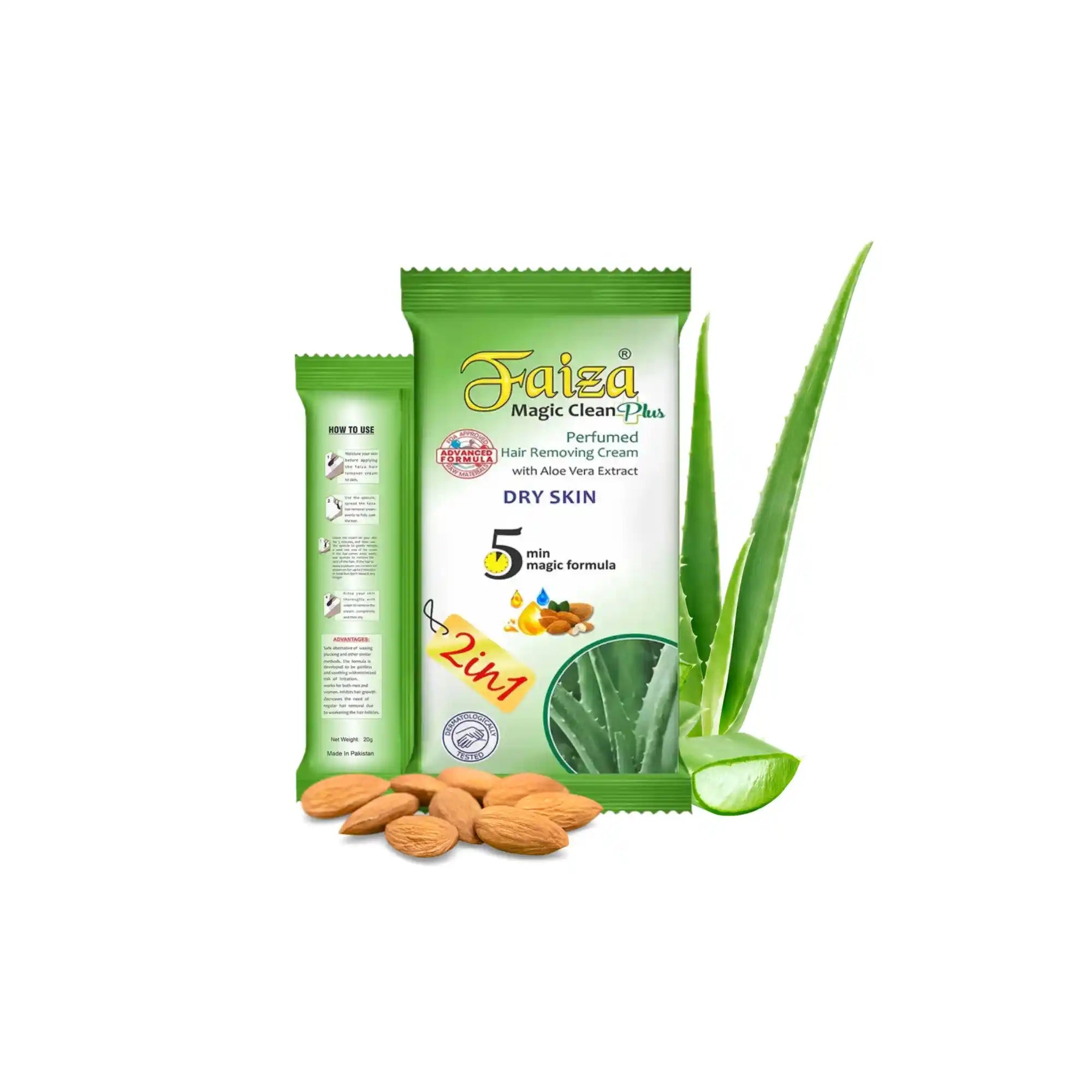 Faiza Magic Clean Plus, Aloe Vera, Almond Oil, Dry Skin, 2IN1 sachet, 5 min magic formula, quick acting, hair removal solution