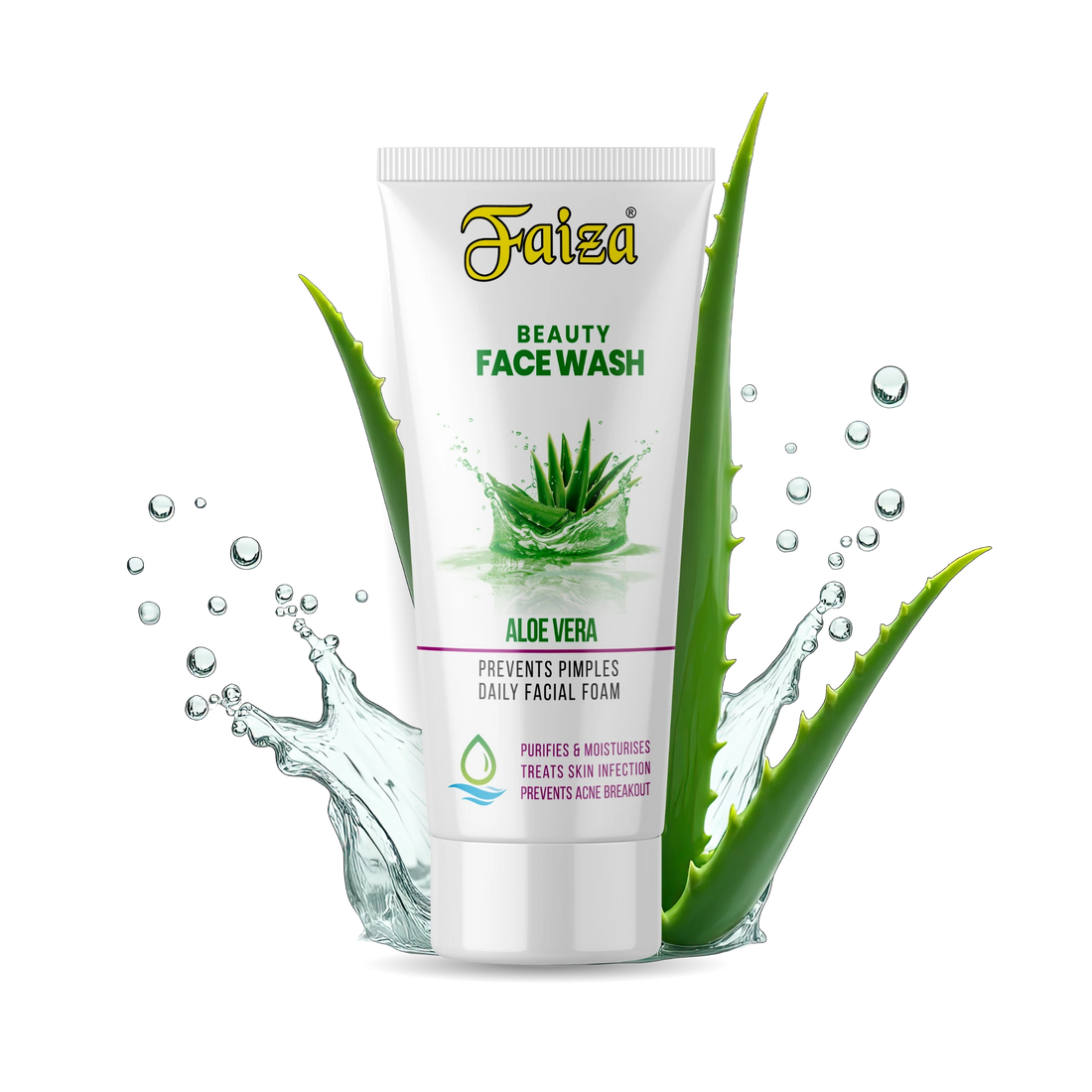 Faiza Aloe Vera Daily Facial Foam tube in water splash, purifies skin and prevents acne breakout.