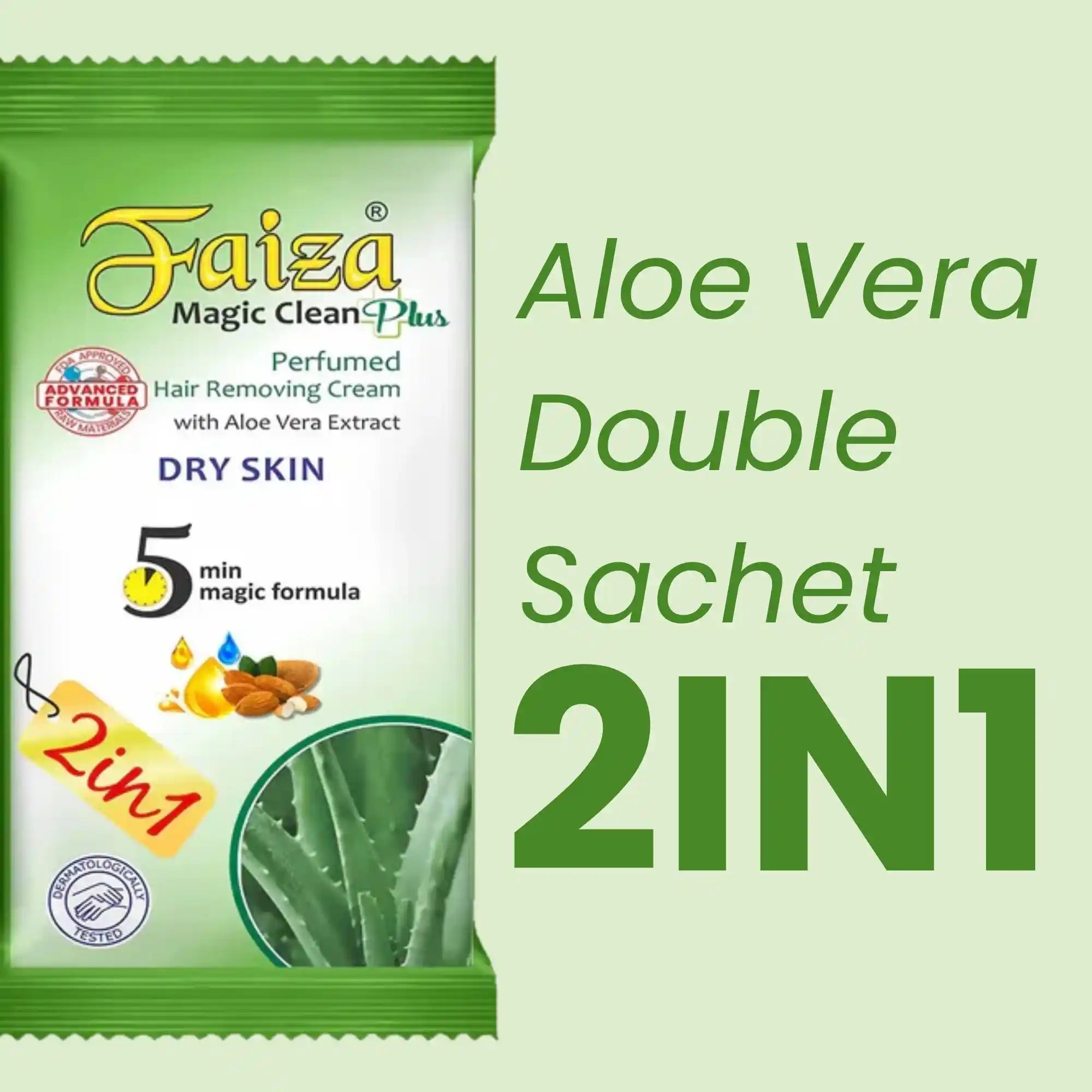 Faiza Cosmetics Magic Clean Plus, Aloe Vera Extract, Double Sachet 2IN1, Dry Skin, 5 min magic formula, painless hair removal, hydrated depilatory