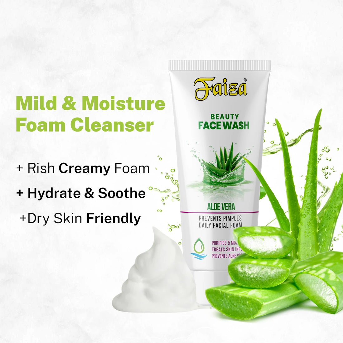 Faiza Aloe Vera Daily Facial Foam tube in water splash, purifies skin and prevents acne breakout.