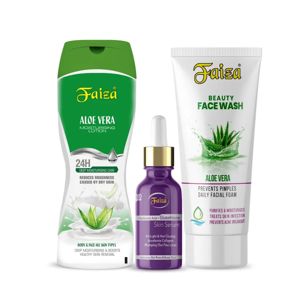  Faiza 3-piece skincare set featuring Aloe Vera Moisturising Lotion, Hyaluronic Acid and Glutathione Skin Serum dropper, and Aloe Vera Beauty Face Wash for acne prevention and hydration
