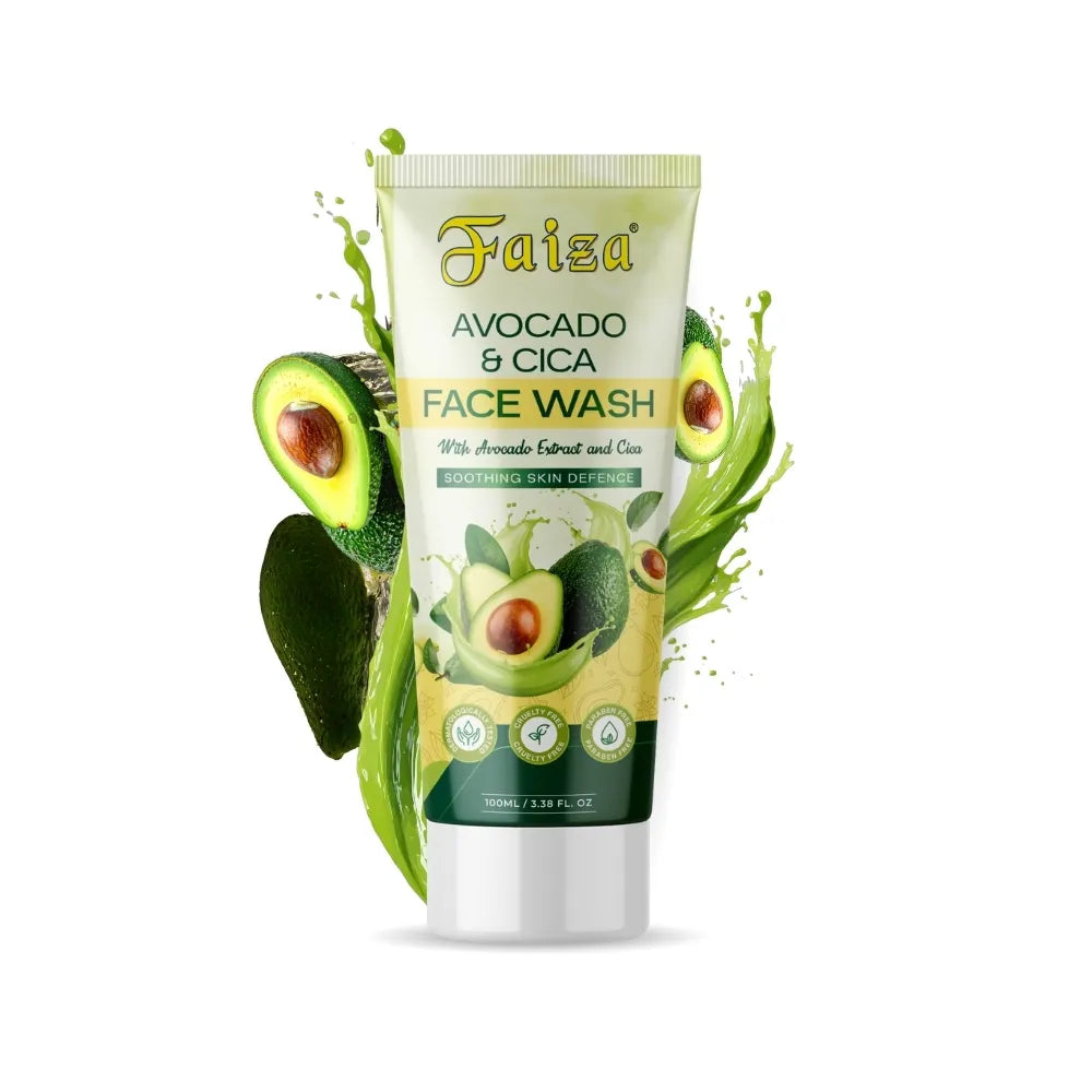 Faiza Avocado & Cica Face Wash with avocado extract and centella asiatica for soothing hydration, gentle cleansing, sensitive skin care, and healthy glowing skin – 100ml