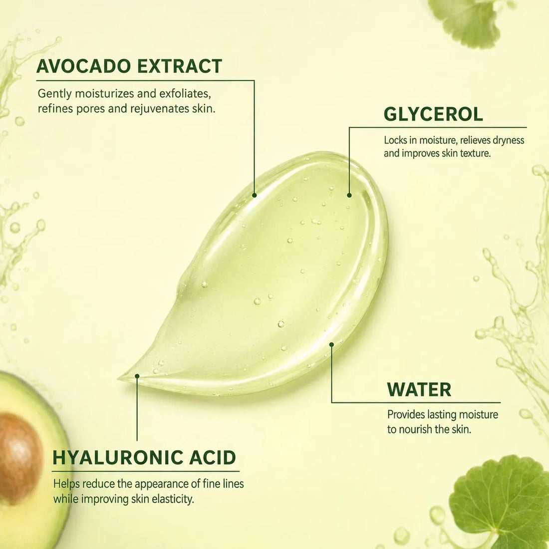 Faiza Avocado and Cica Face Wash tube with fresh avocado slices and a green liquid splash, 100ml soothing skin defence