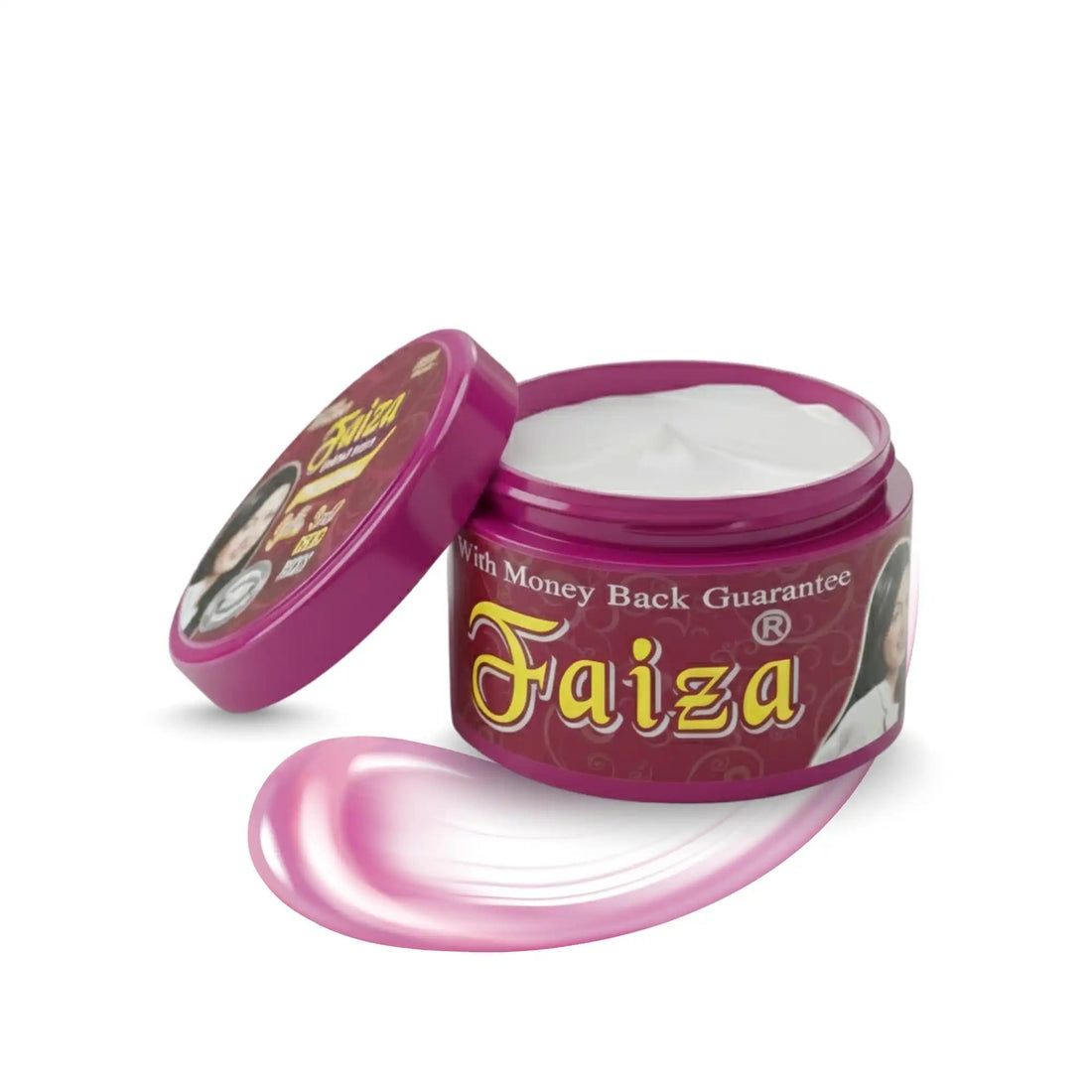 An open maroon jar of Faiza Beauty Cream revealing white face cream texture next to its lid with a money back guarantee stamp over a glossy pink decorative swirl