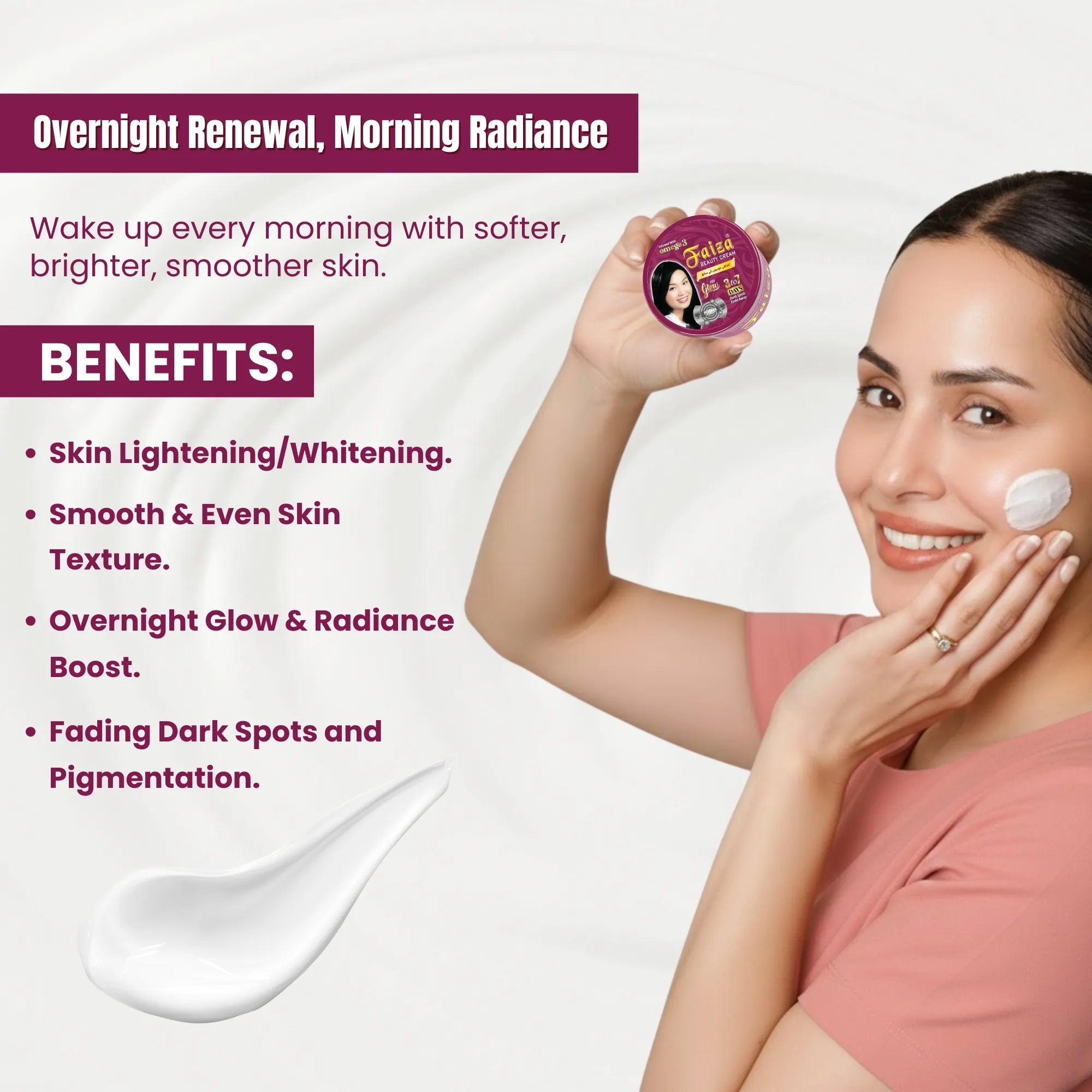 Faiza Night Beauty Cream product benefits graphic showing skin whitening, pigmentation removal, and a radiance boost for smoother skin, with a product texture swatch.