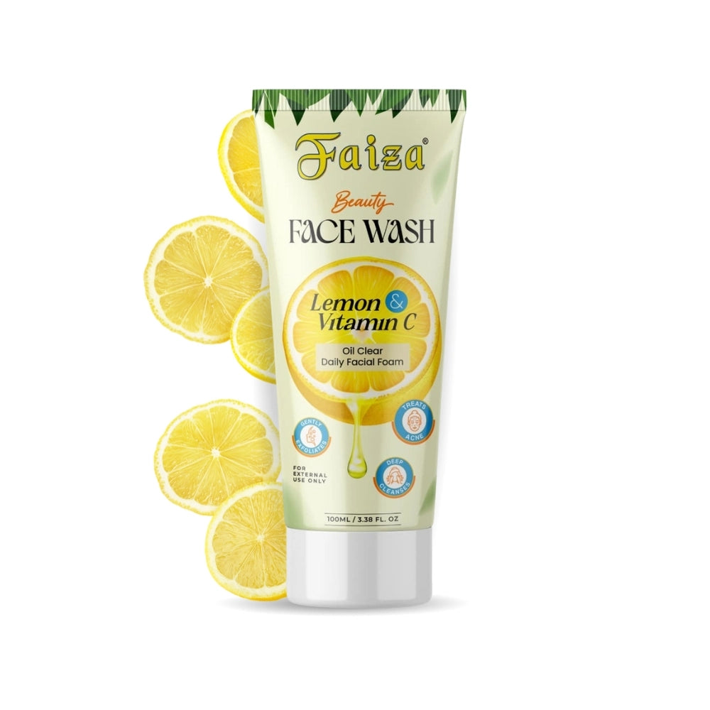 Faiza Beauty Lemon & Vitamin C Face Wash surrounded by fresh citrus slices. Professional skincare product designed to brighten dull, tired skin, revitalize daily, and gently remove impurities for a clear, healthy glow.