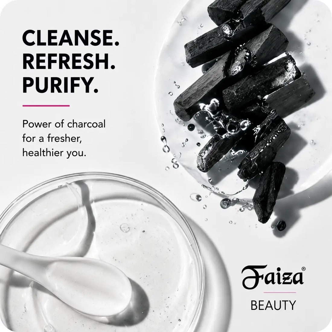 Faiza Active Charcoal Beauty Face Wash tube next to an F'livel Charcoal Bath Soap bar, featuring deep pore cleansing and oil control properties