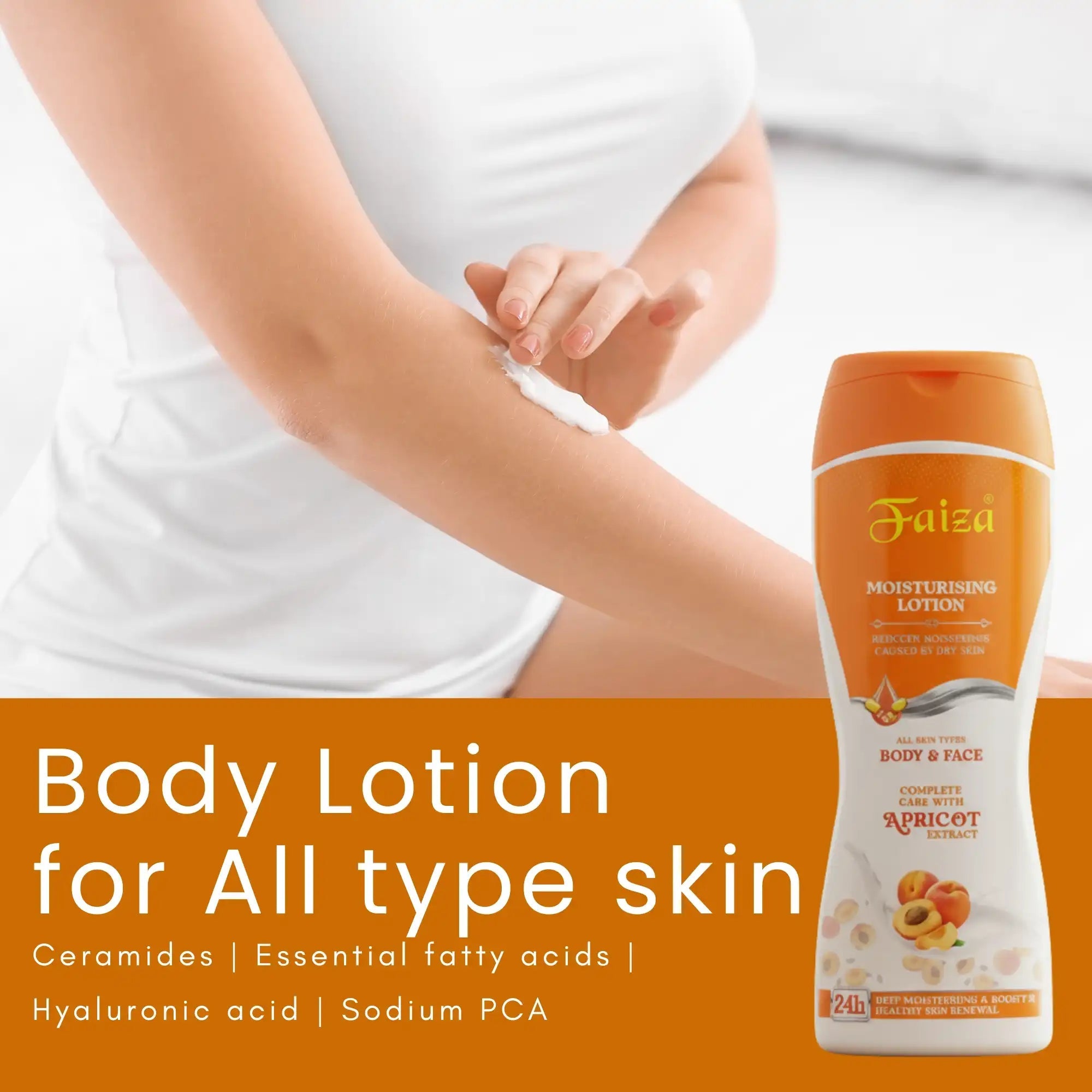 Faiza Cosmetics Body Lotion, All Skin Type, Ceramides, Hyaluronic Acid, Apricot Extract, deep moisturizing, healthy skin renewal, trending skincare