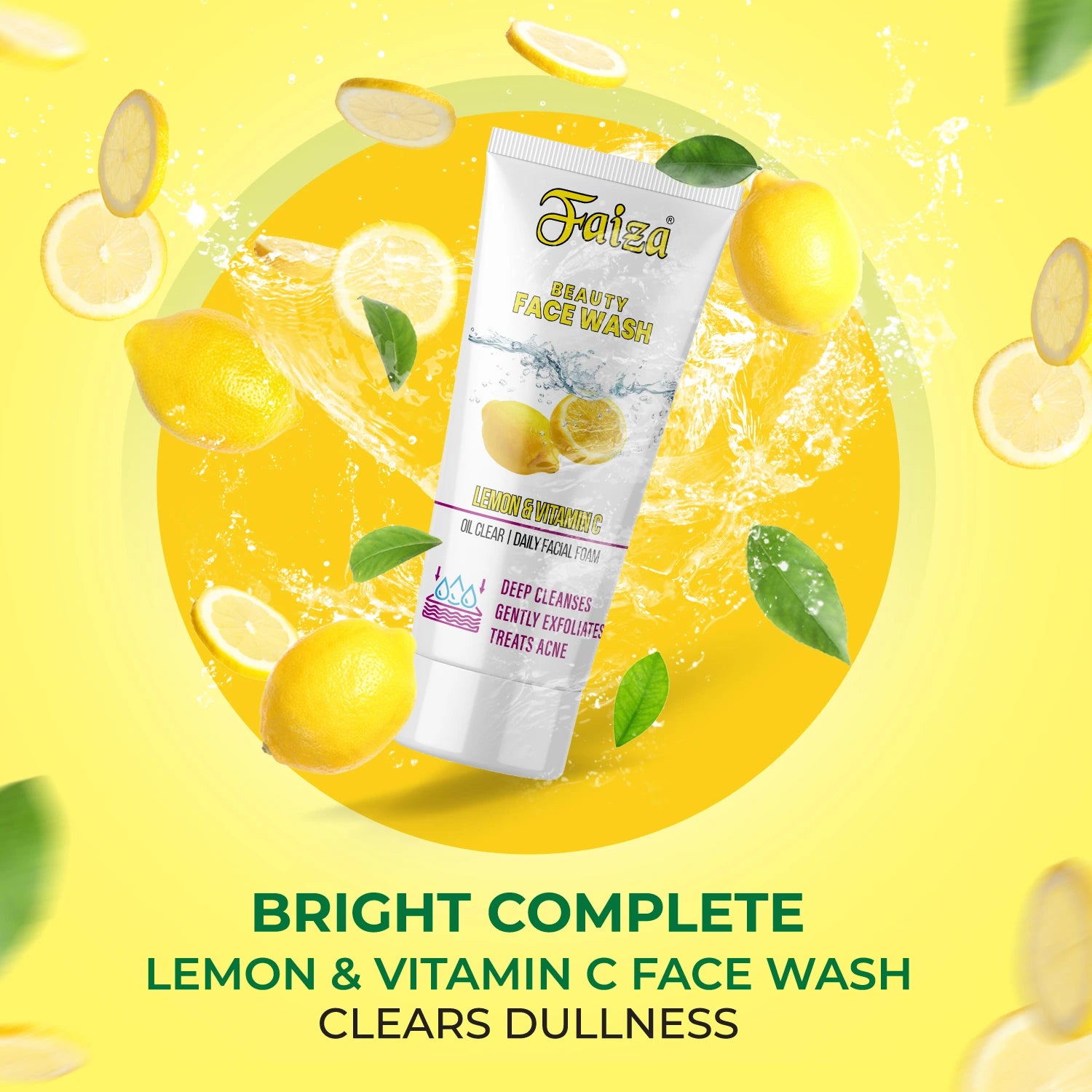 Faiza Lemon & Vitamin C Face Wash in bright yellow background, a Bright Complete formula that clears dullness.