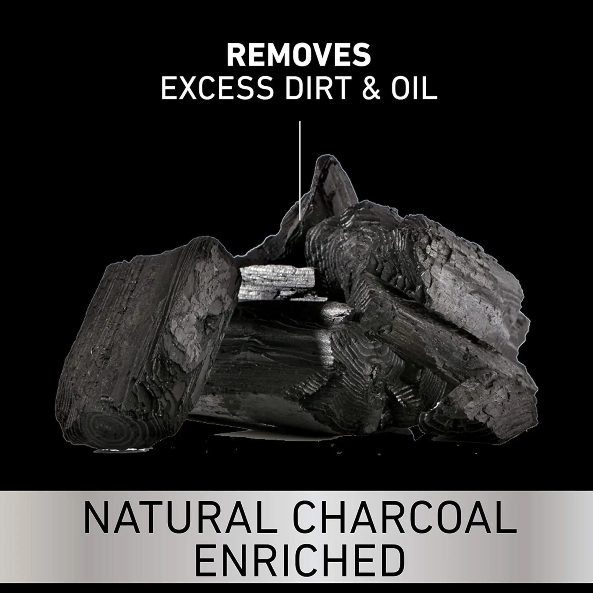 Faiza natural charcoal enriched skincare product graphic on a black background showing charcoal pieces with text highlighting it removes excess dirt and oil.