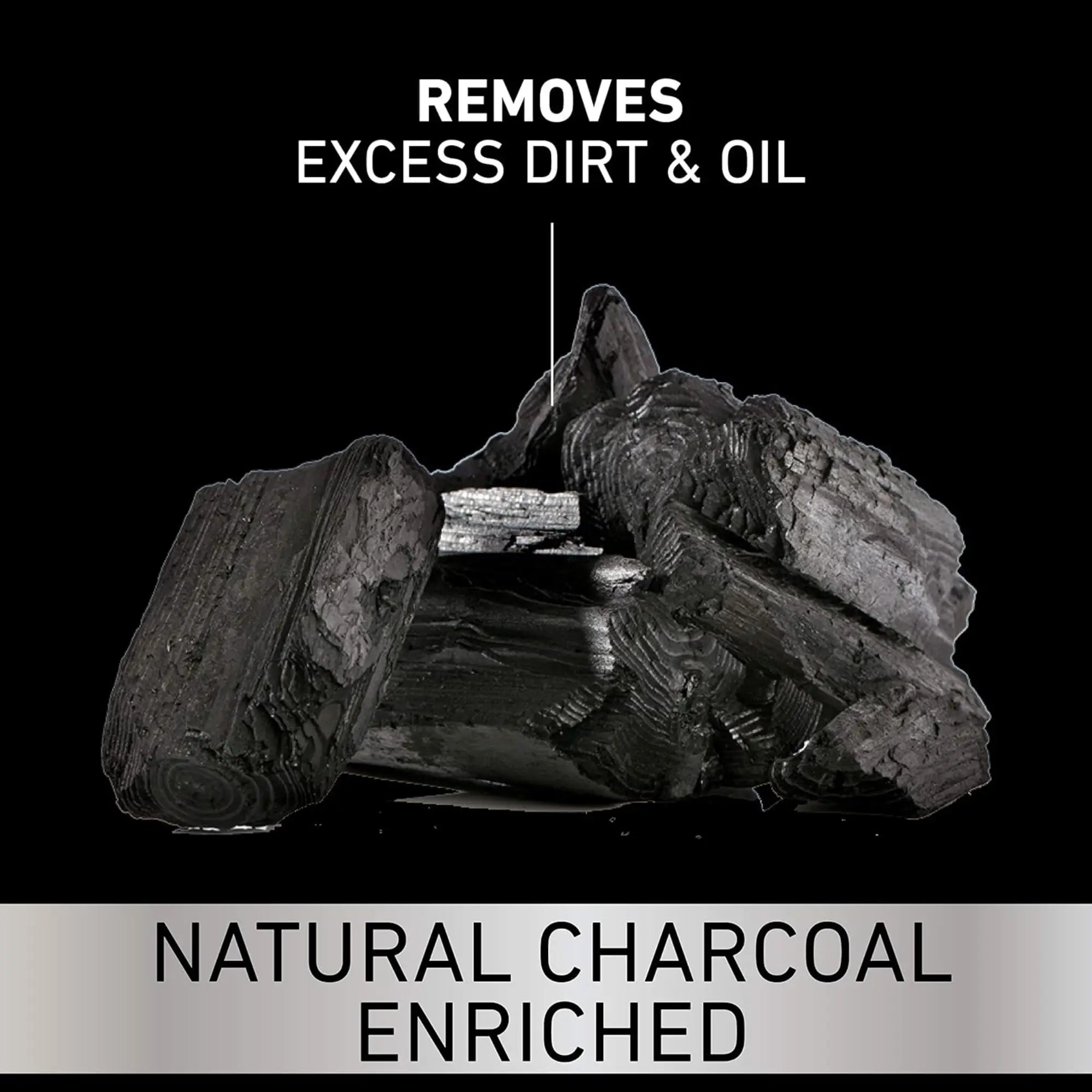 Faiza natural charcoal enriched skincare product graphic on a black background showing charcoal pieces with text highlighting it removes excess dirt and oil.
