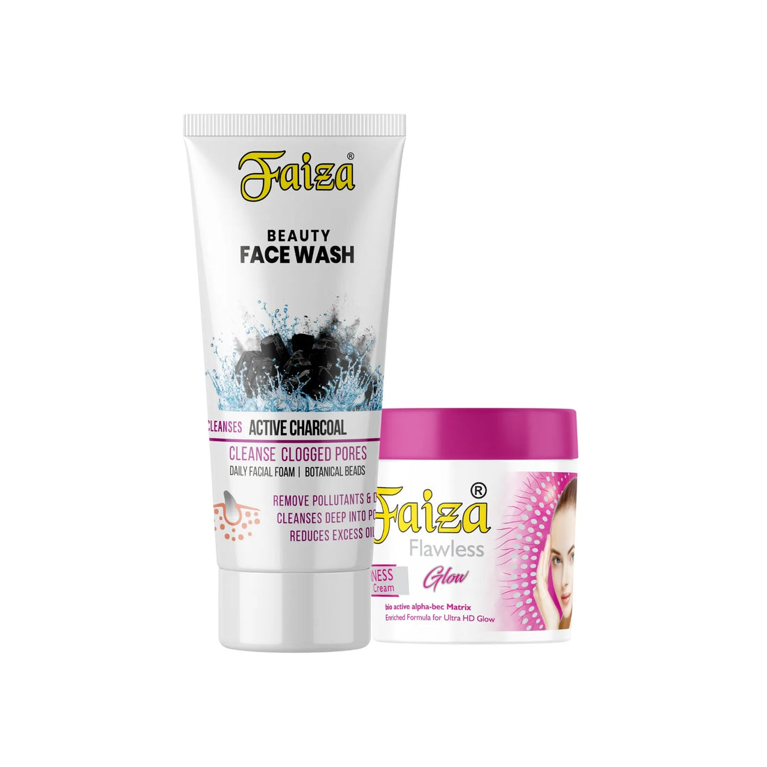 Faiza Active Charcoal Beauty Face Wash tube for clogged pores next to a pink jar of Faiza Flawless Glow Cream for ultra HD skin radiance
