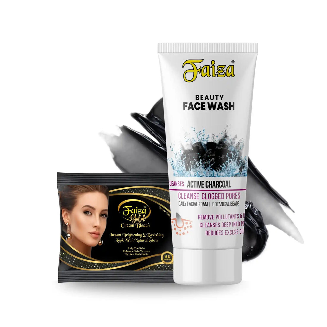 Faiza Cosmetics Charcoal Face Wash, Gold Cream Bleach, clogged pores solution, active charcoal, instant fairness, blackhead cleanse, natural glow kit