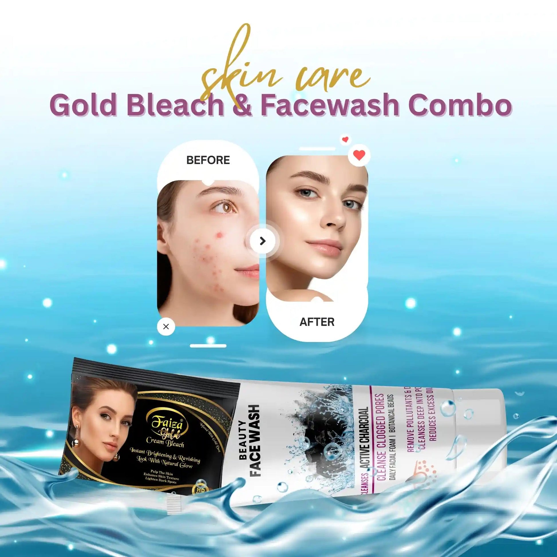 Faiza Cosmetics Gold Bleach, Charcoal Face Wash Combo, Before and After, acne solution, remove pollutants, skin brightening kit, HD glow
