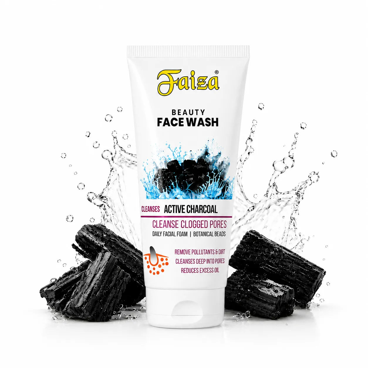 Faiza Active Charcoal face wash for oily and acne-prone skin. A deep pore exfoliating cleanser designed to remove pollutants, clear dirt, and reduce excess oil.