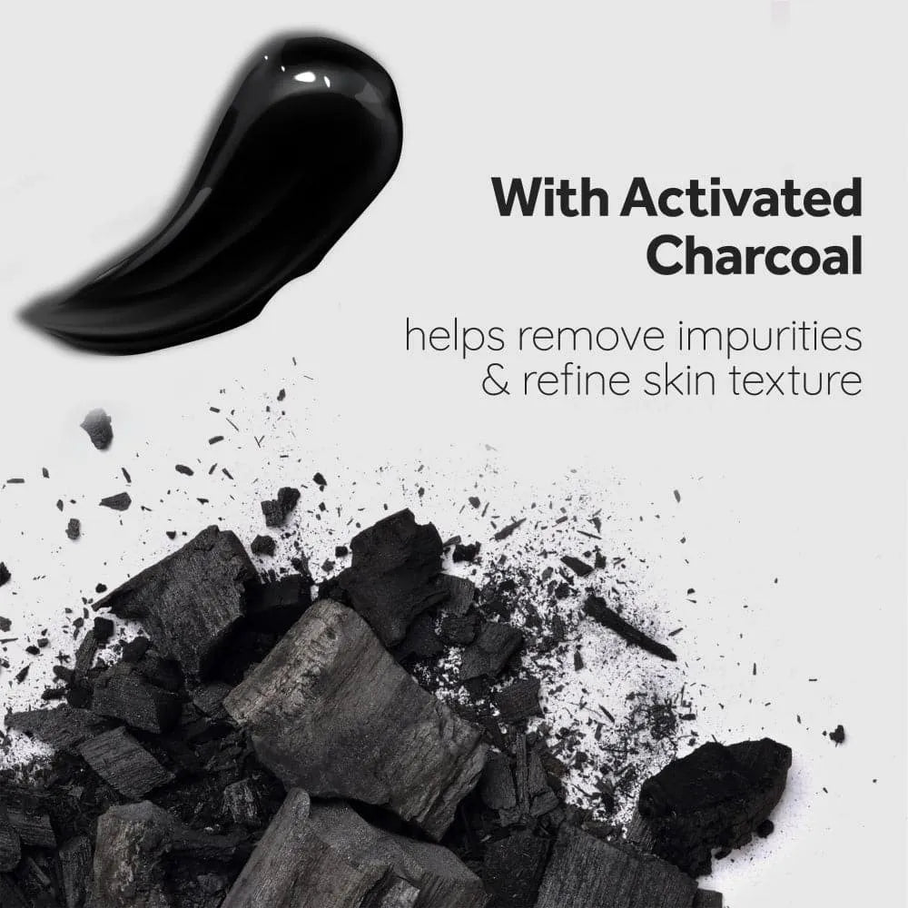 Faiza Cosmetics activated charcoal skin treatment featuring a black cream swatch and charcoal pieces designed to remove impurities and refine skin texture for a clear complexion
