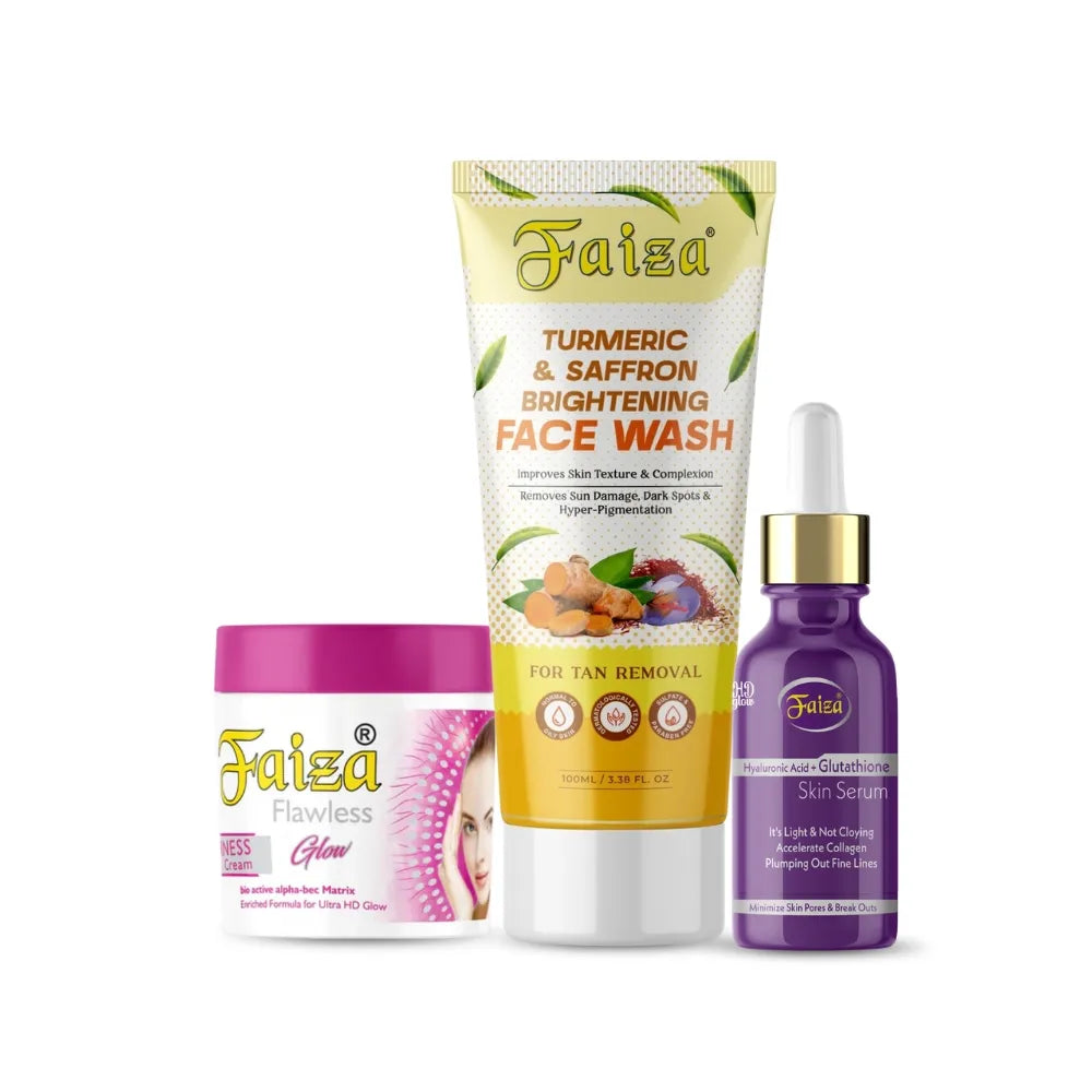 Faiza Cosmetics hyper-pigmentation and dark spot removal bundle featuring Turmeric and Saffron Brightening Face Wash, Hyaluronic Acid and Glutathione Skin Serum, and Flawless Glow Cream on a white background