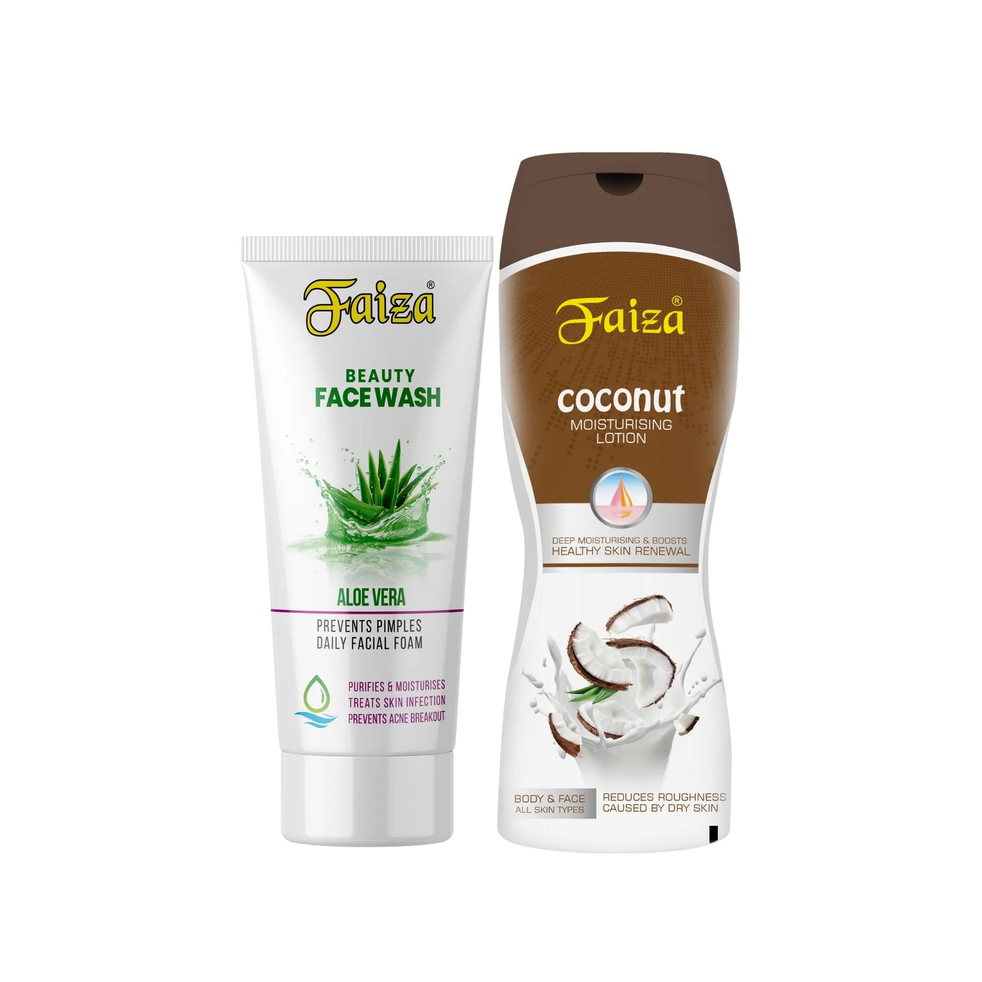 Faiza Everyday Moisture Duo Kit with Aloe Vera Face Wash and Coconut Moisturizing Lotion for soft skin and 24H hydration.