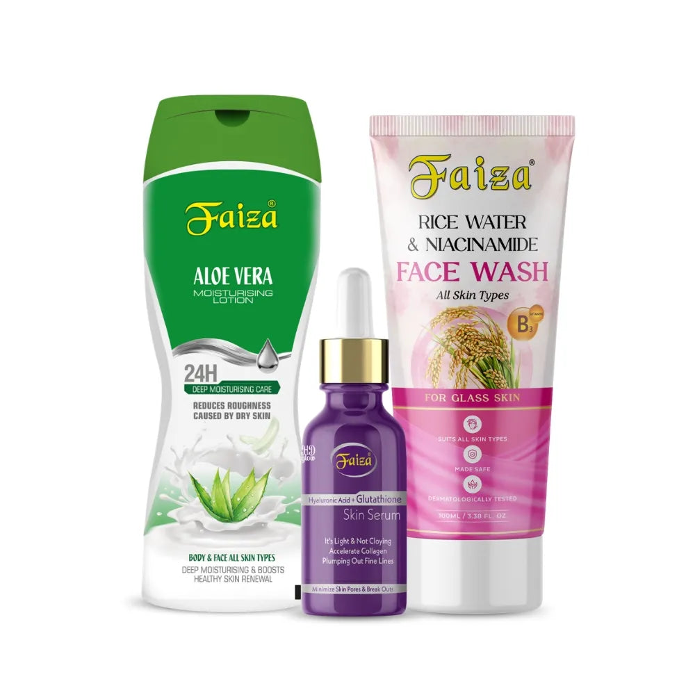 Faiza Cosmetics Glass Skin Combo showcasing three products: Aloe Vera Moisturising Lotion, Hyaluronic Acid and Glutathione Skin Serum, and Rice Water and Niacinamide Face Wash on a clean white background