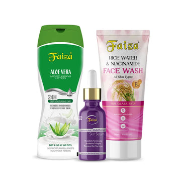 Faiza Cosmetics Glass Skin Combo showcasing three products: Aloe Vera Moisturising Lotion, Hyaluronic Acid and Glutathione Skin Serum, and Rice Water and Niacinamide Face Wash on a clean white background