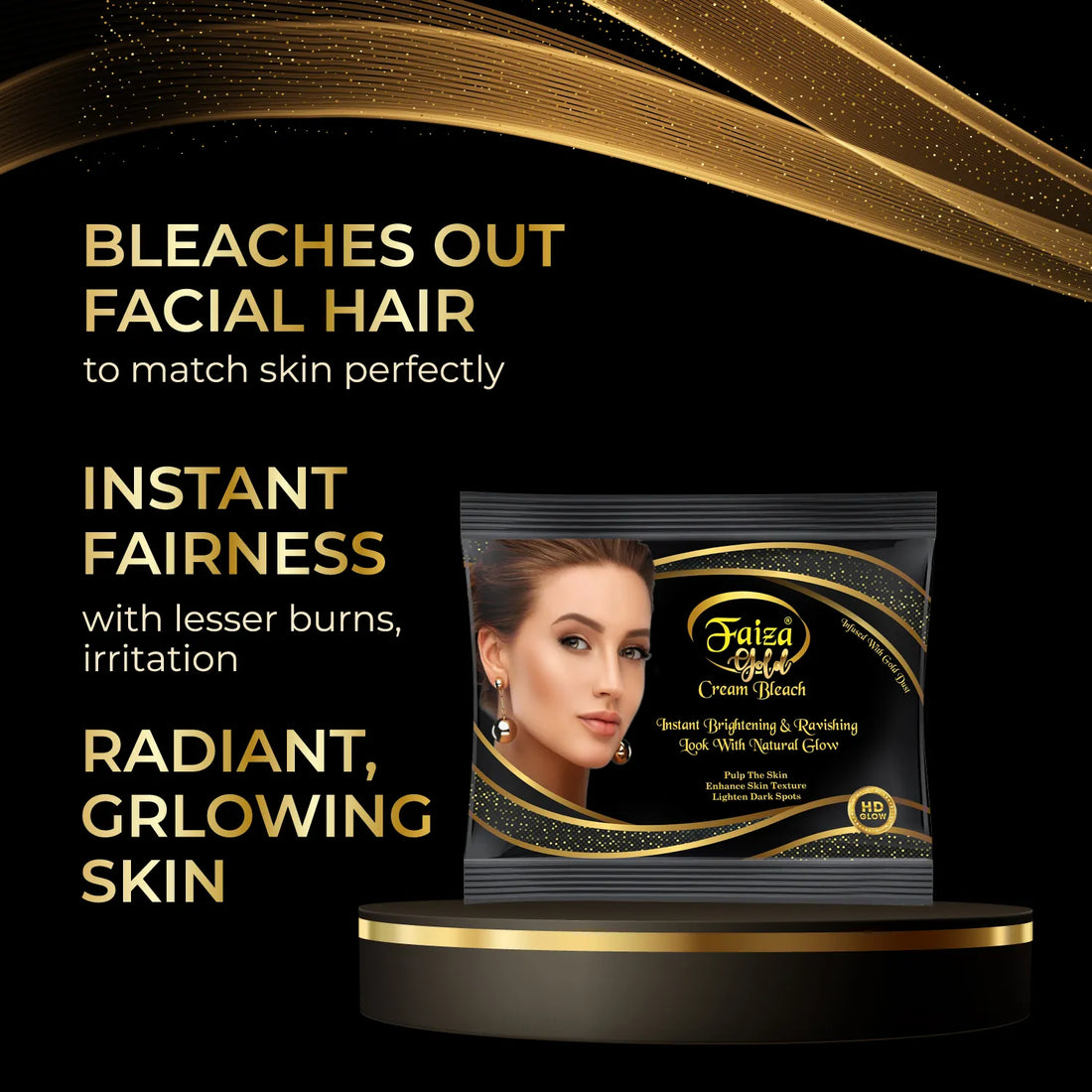 Faiza Gold Cream Bleach sachet for instant brightening, natural glow, and lightening dark spots with HD Glow.