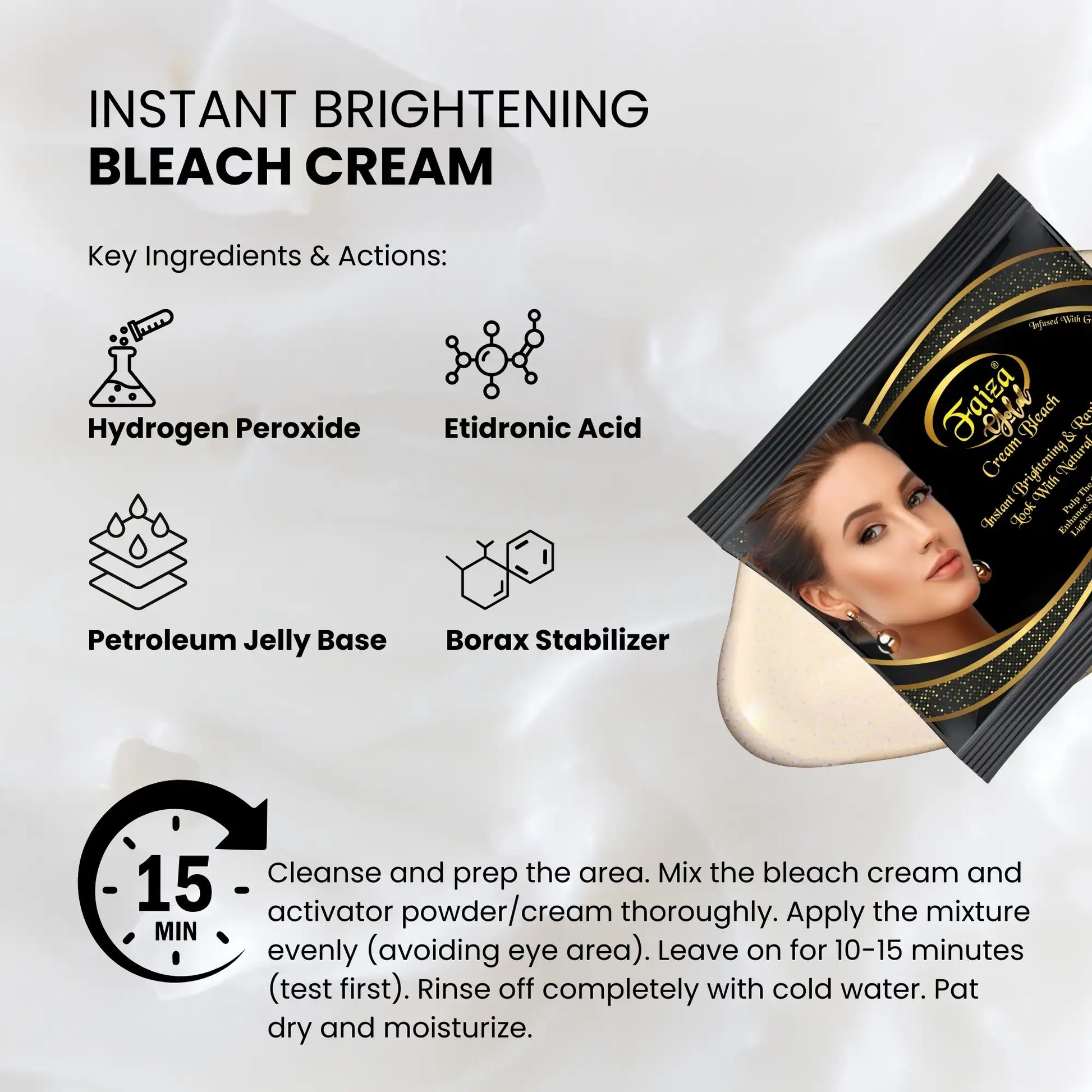 Faiza Cosmetics Gold Bleach Cream, Hydrogen Peroxide, Etidronic Acid, Borax Stabilizer, 15 minute application, instant brightening, HD glow, lighten dark spots