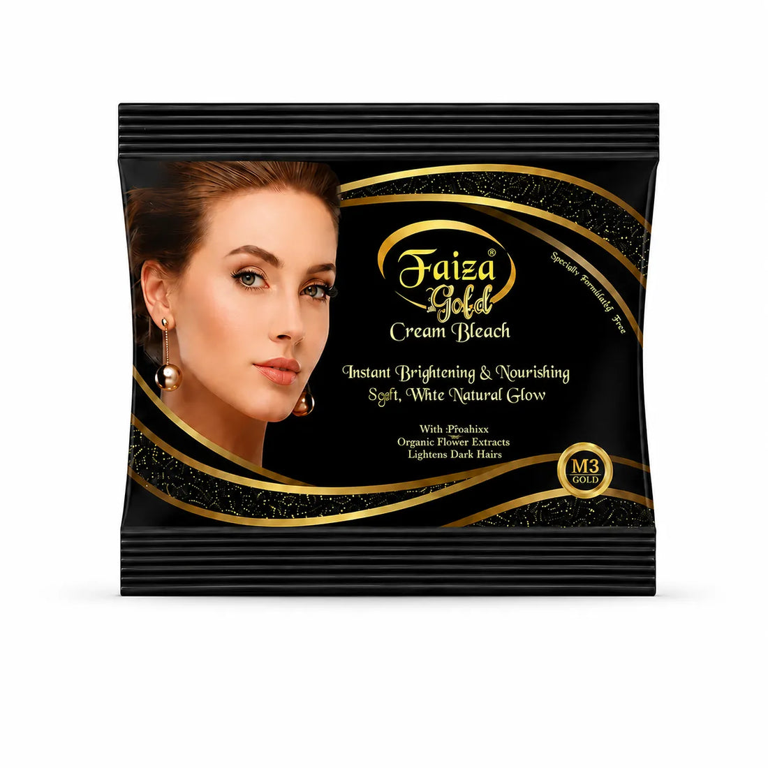 Faiza Gold Cream Bleach sachet with organic flower extracts, designed to lighten dark facial hair and support a soft, bright, natural-looking glow.