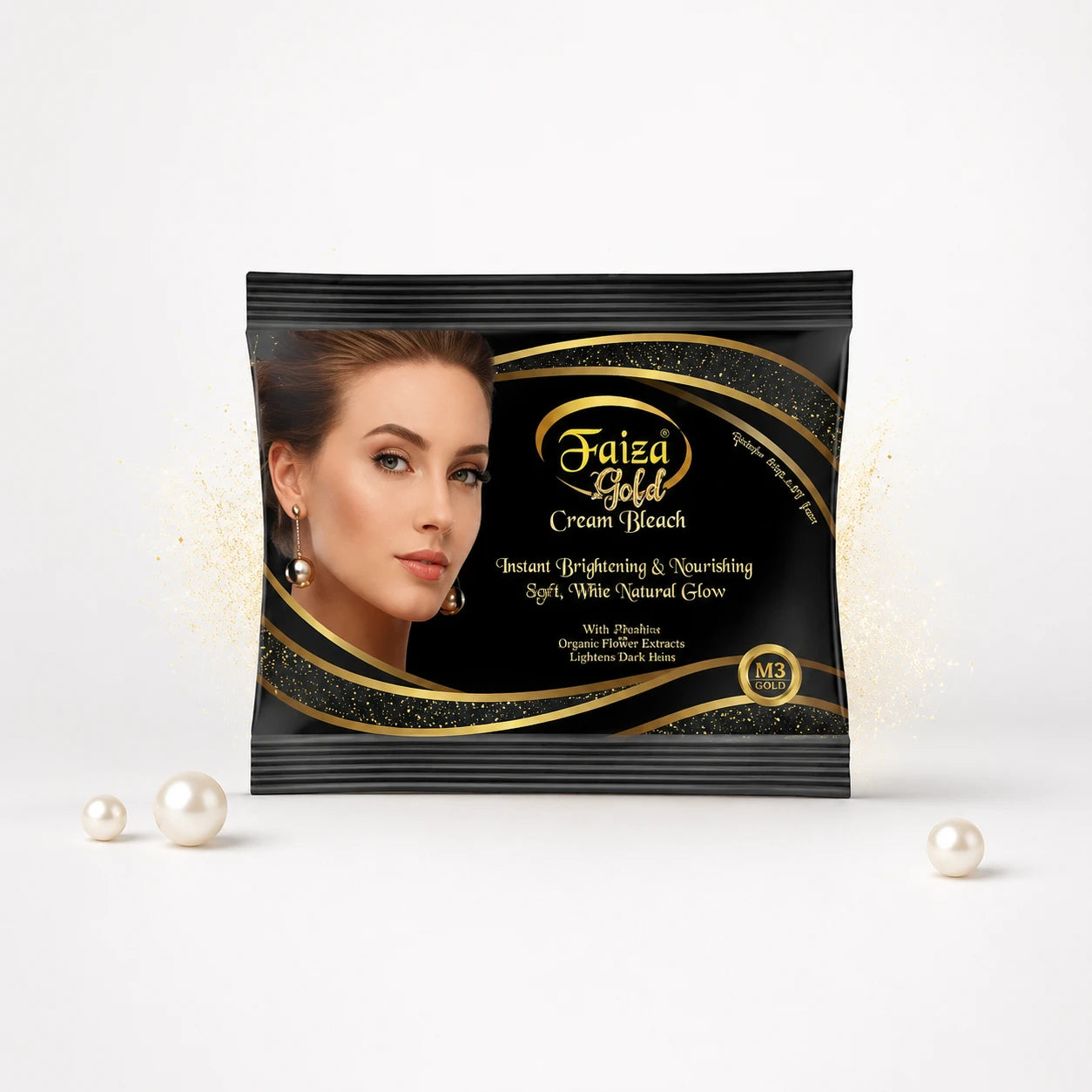 Faiza Gold Cream Bleach M3 Gold for instant brightening and nourishing skin glow, beauty cream bleach pack with organic flower extracts for radiant-looking skin.
