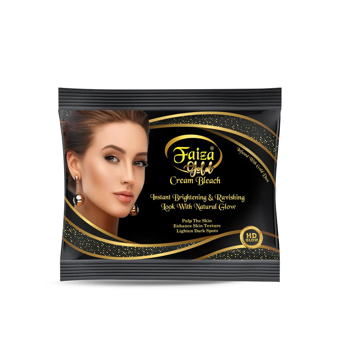 Faiza Gold Cream Bleach sachet for instant brightening, natural glow, and lightening dark spots with HD Glow.