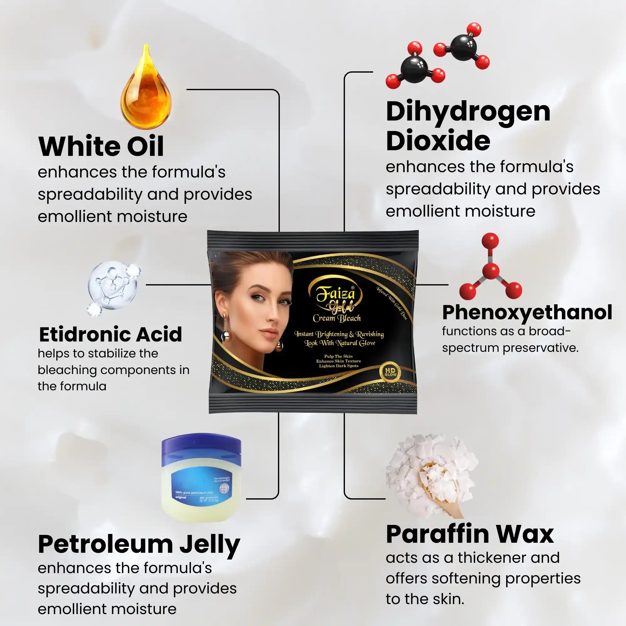 Faiza Cosmetics Gold Cream Bleach, White Oil, Petroleum Jelly, Phenoxyethanol, Etidronic Acid, emollient moisture, instant brightening, safe bleaching components