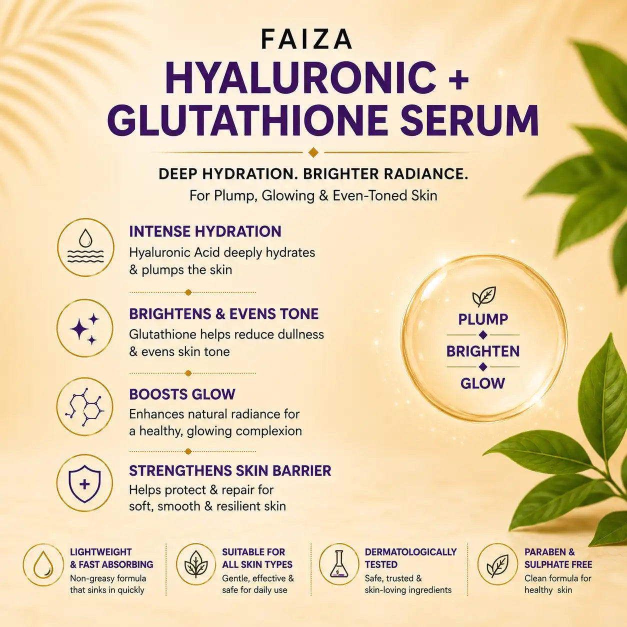 Faiza Hyaluronic Acid and Glutathione Serum infographic outlining product benefits including intense hydration, evens skin tone, natural glow boost, and strengthening the skin barrier.