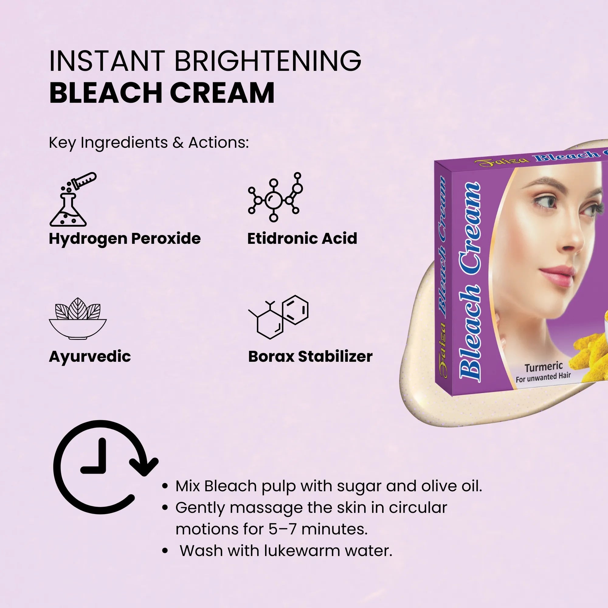 An infographic for Faiza Instant Brightening Bleach Cream showing key ingredients like Hydrogen Peroxide, Etidronic Acid, and Ayurvedic components alongside step-by-step usage instructions.