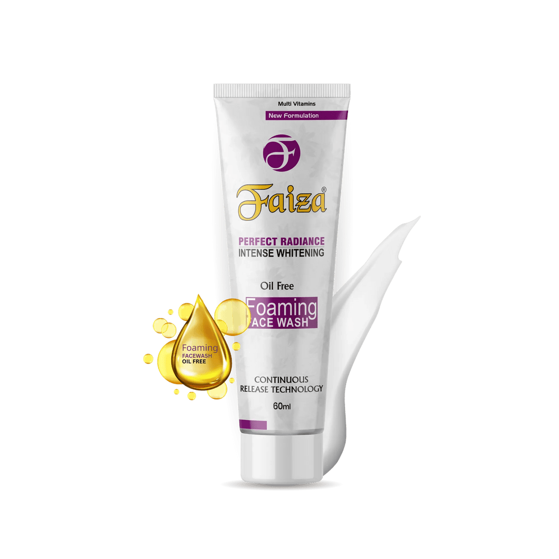 Faiza oil-free foaming face wash for intense skin whitening and a radiant complexion. A vitamin-enriched 60ml daily facial cleanser designed to clarify skin and boost brightness.
