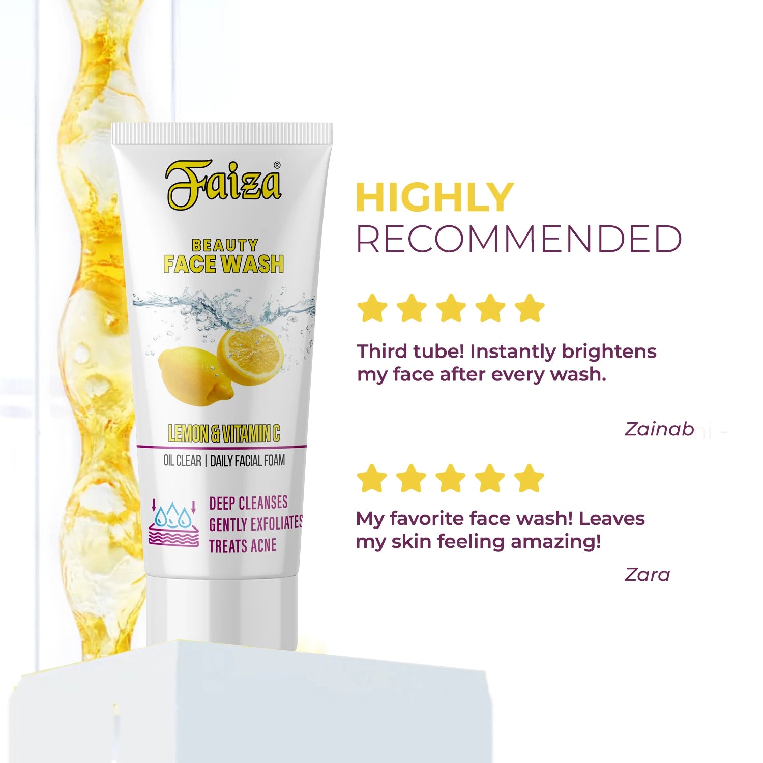 Highly Recommended Faiza Lemon & Vitamin C Face Wash with 5-star customer reviews for instant brightening.
