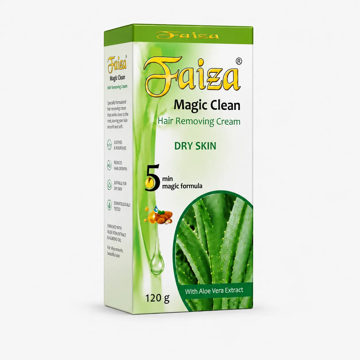 Faiza Magic Clean hair removal cream for dry skin with aloe vera extract, 120g box featuring a 5-minute formula for smooth, soft-looking skin.