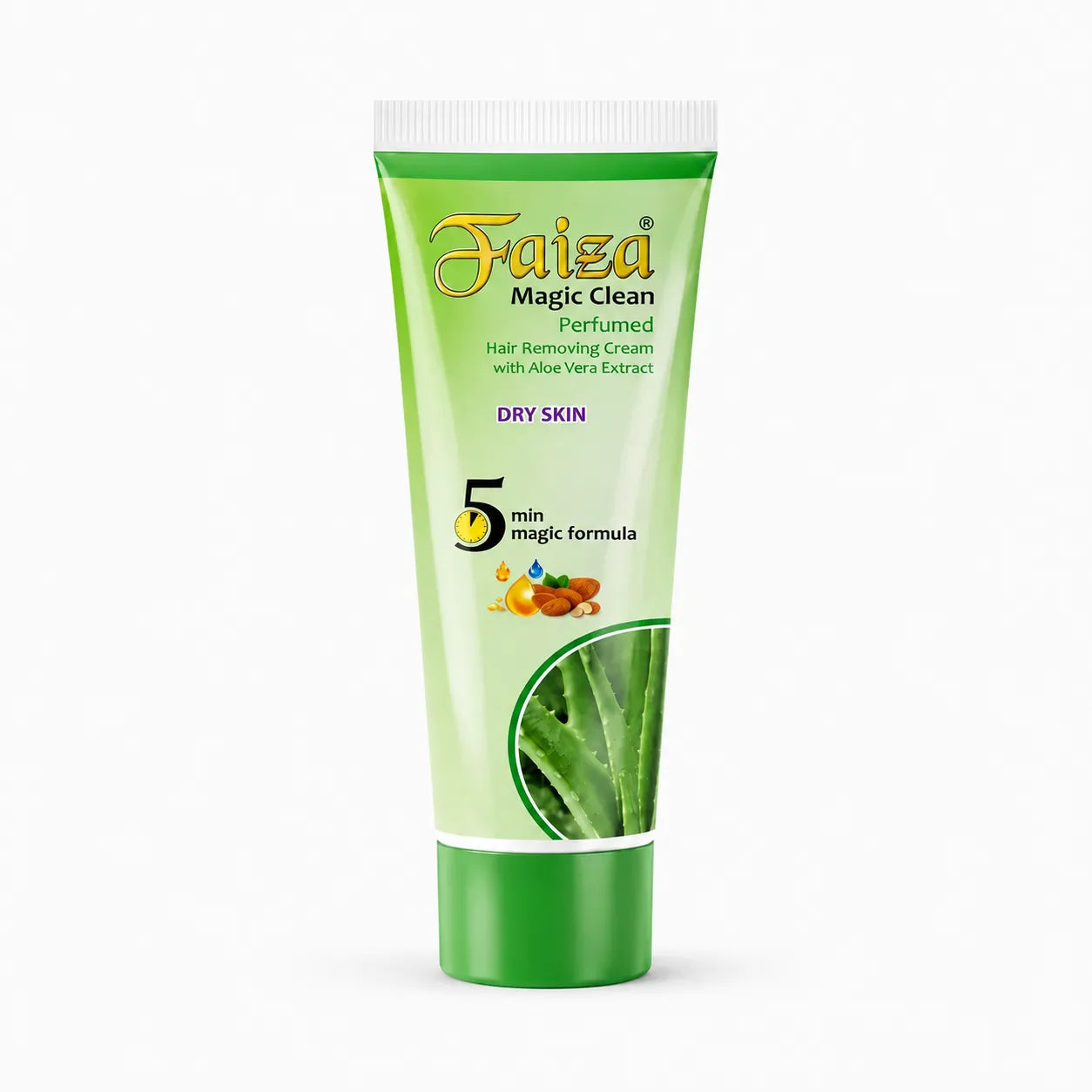 Faiza Magic Clean aloe vera hair removal cream for dry skin in a green tube, featuring a perfumed 5-minute formula for smooth, soft skin.