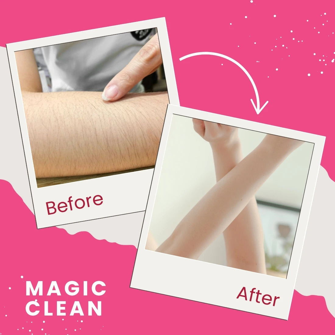 Faiza Magic Clean Hair Removal, Before and After, quick hair removal, silky smooth arms, instant result depilatory, trending smoothness