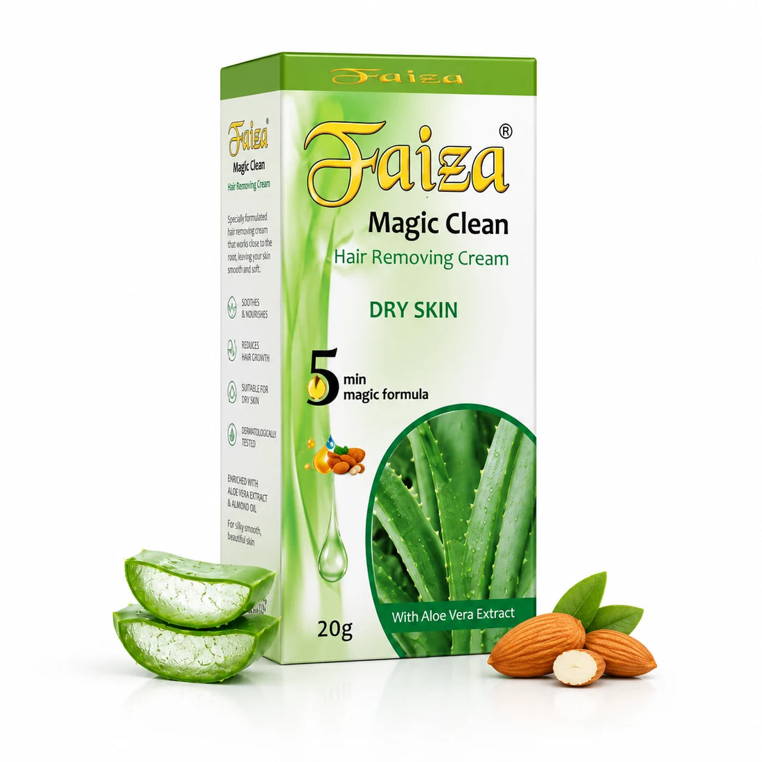 Faiza Cosmetics Magic Clean, Aloe Vera Extract, Dry Skin, 5 min magic formula, painless depilatory, hydrating hair remover, smooth finish, best for sensitive areas