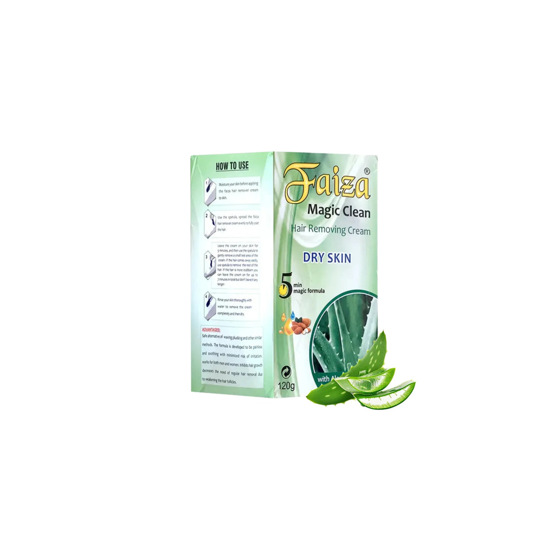Faiza Cosmetics Magic Clean, Aloe Vera Extract, Dry Skin, 5 min magic formula, moisturizing hair removal, hydrating depilatory cream, safe sensitive skin