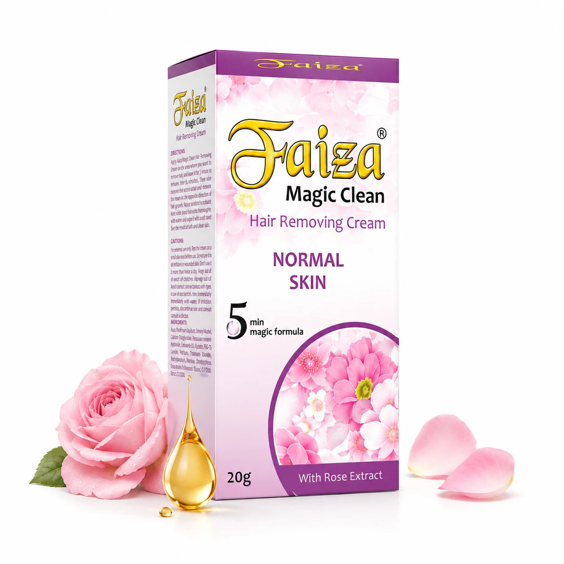 Faiza Magic Clean Hair Removing Cream for normal skin, featuring rose extract floral graphics and a 5 minute magic formula badge with oil droplet illustrations