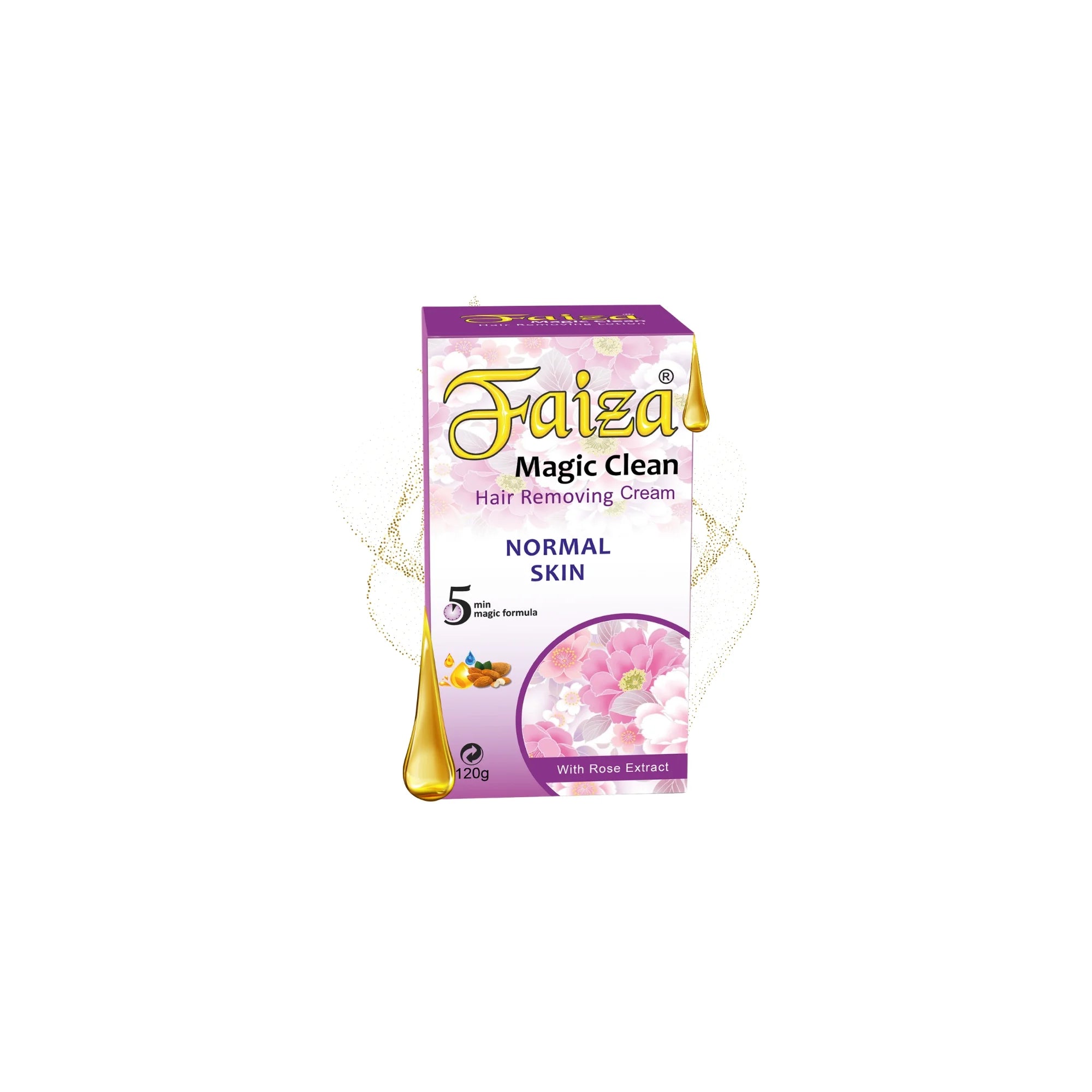 Faiza Magic Clean Hair Removing Cream for normal skin, featuring rose extract floral graphics and a 5 minute magic formula badge with oil droplet illustrations