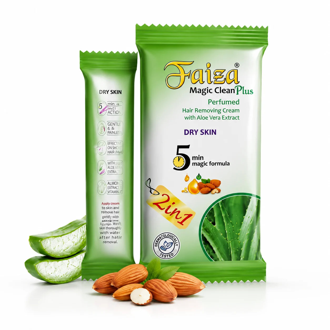Faiza Cosmetics Magic Clean Plus, Aloe Vera Extract, Dry Skin, 2IN1 sachet, 5 min magic formula, perfumed hair removal, hydrating depilatory, sensitive skin