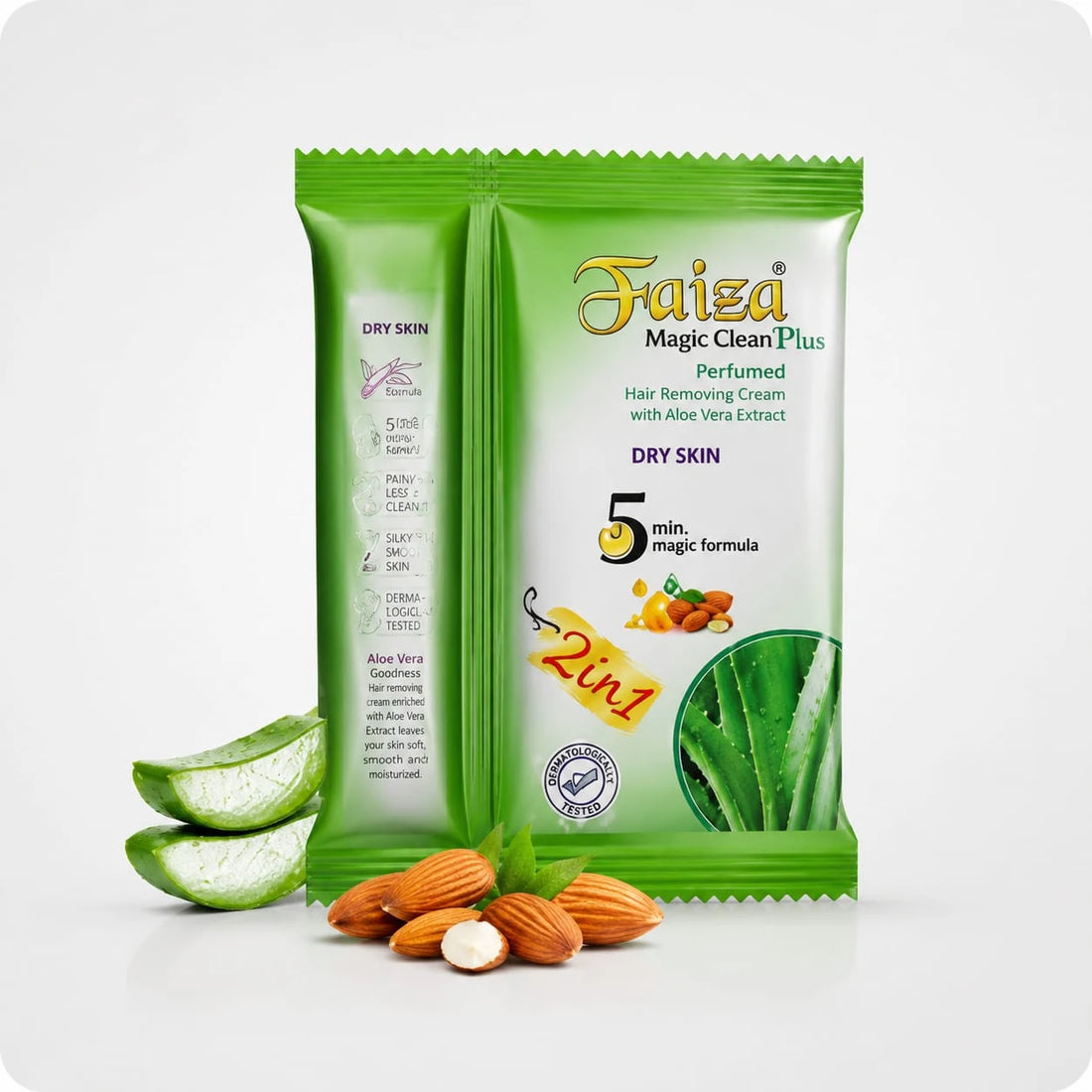 Faiza Cosmetics Magic Clean Plus, Aloe Vera Extract, Dry Skin, 2IN1 sachet, 5 min magic formula, perfumed hair removal, hydrating depilatory, sensitive skin