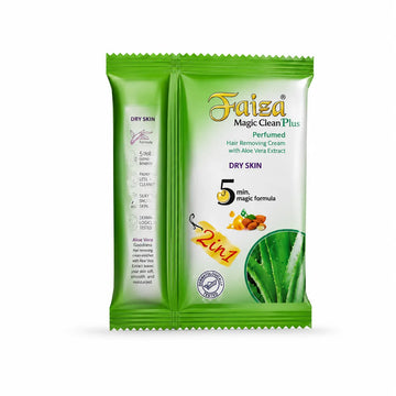 Faiza Magic Clean Plus aloe vera hair removal cream sachet for dry skin, shown front and back with a perfumed 5-minute 2-in-1 formula.